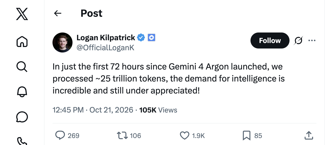 Logan Kilpatrick의 공개 X 원문 게시물 화면으로, 작성자 아바타와 핸들, 본문, 표시 시각, 촬영 당시 보이는 조회 및 반응 행이 포함되어 있다.